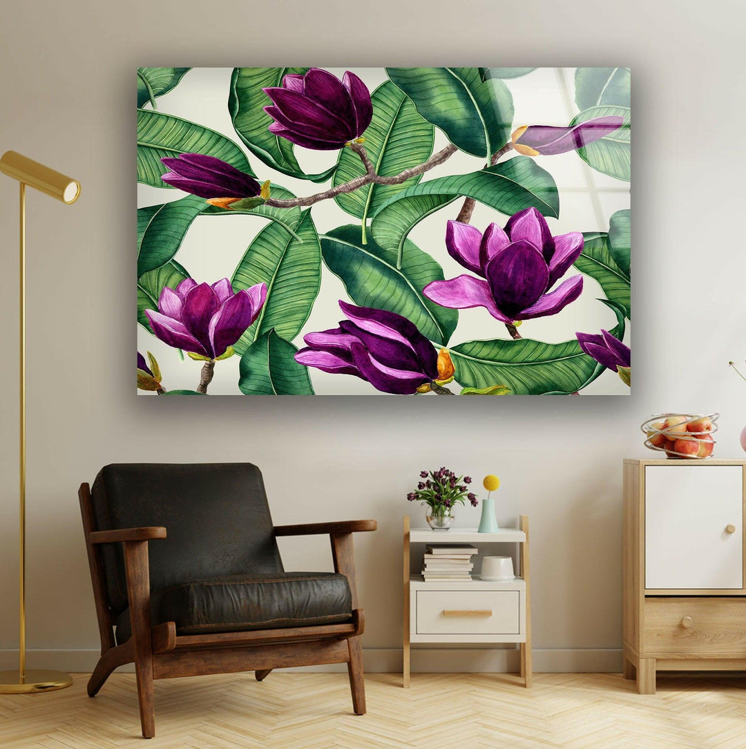 Watercolor Purple Magnolia Flower Glass Wall Art, glass image printing, glass prints from photos
