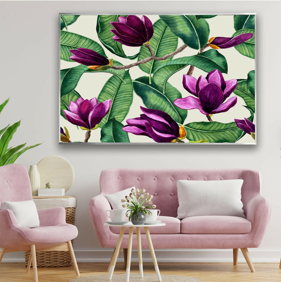 Watercolor Purple Magnolia Flower Glass Wall Art, glass pictures for Wall, glass prints wall art
