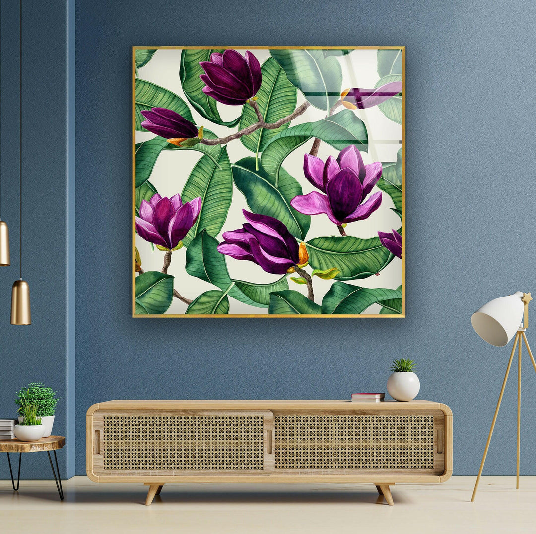 Watercolor Purple Magnolia Flower Glass Wall Art, glass photo prints, glass picture prints
