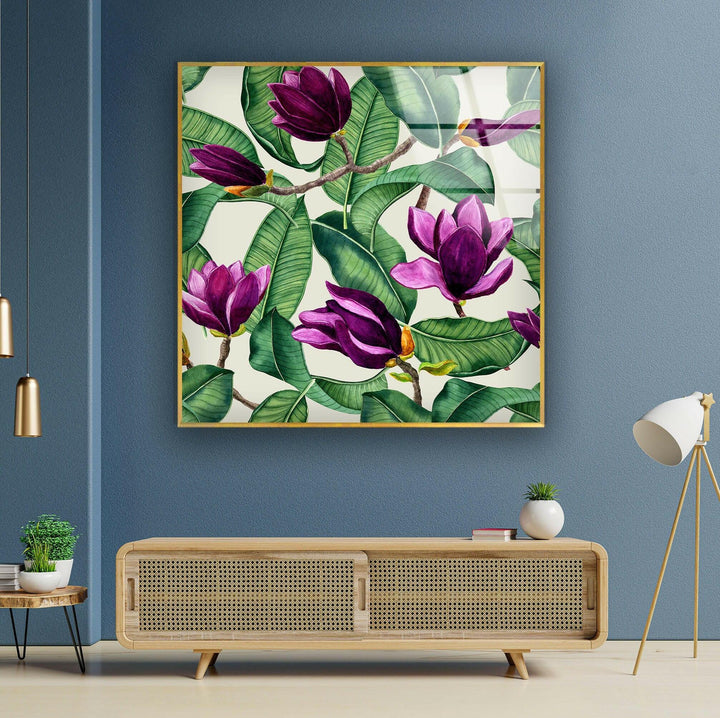 Watercolor Purple Magnolia Flower Glass Wall Art, glass photo prints, glass picture prints
