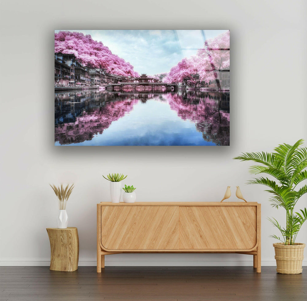 Japanese Trees on Lake Glass Wall Art custom glass photo prints, large glass prints