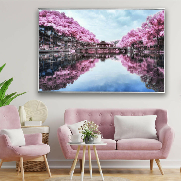 Japanese Trees on Lake Glass Wall Art picture on glass wall art, photos printed on glass