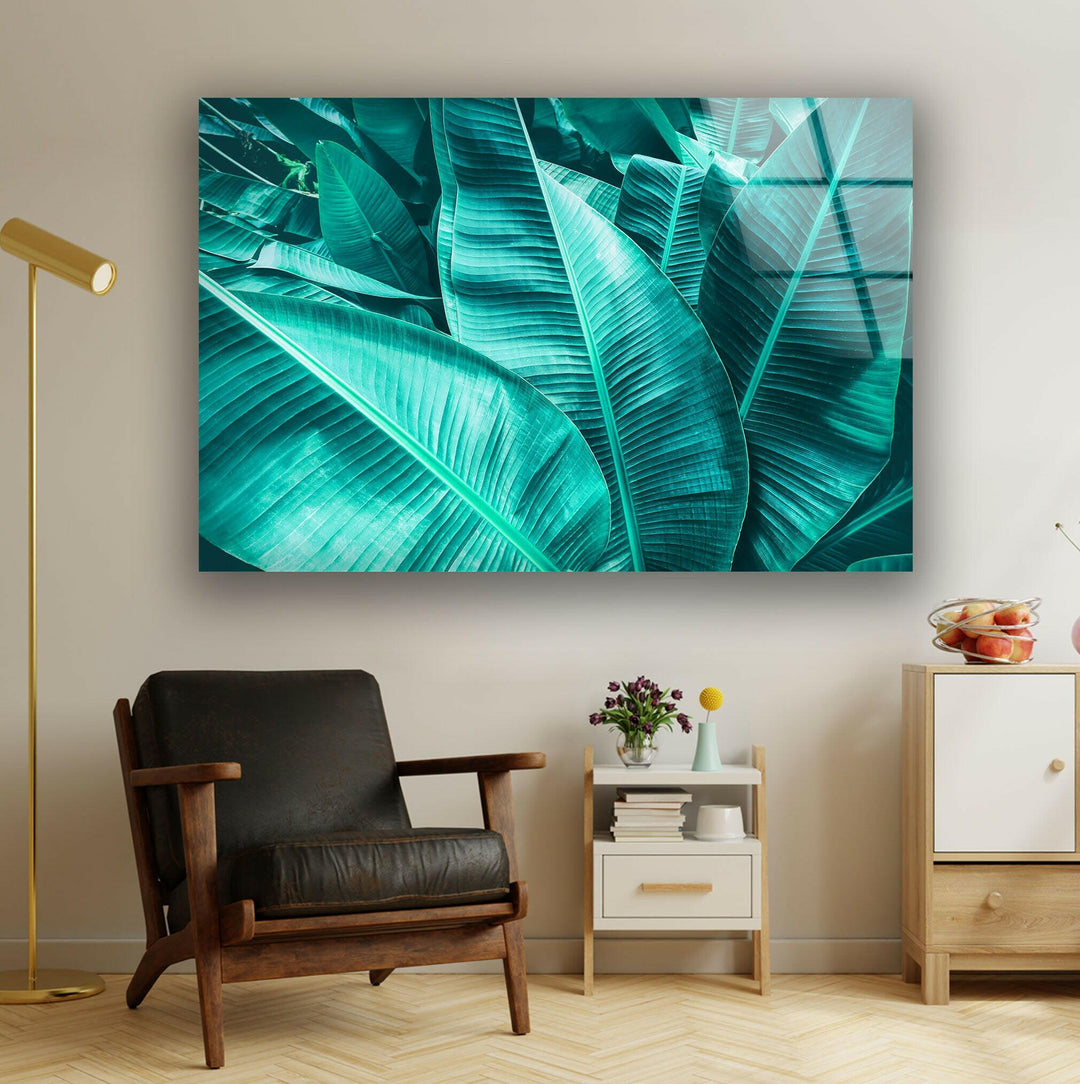 Tropical Banana Leaf Glass Wall Art, large glass photo prints, glass wall photos