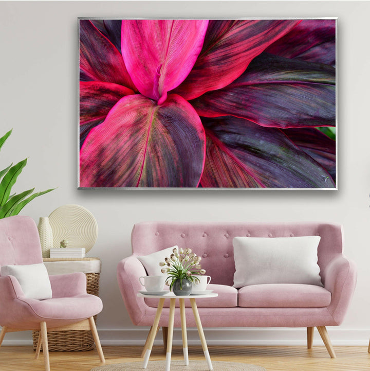 Pink Botanical Leaves Glass Wall Art, glass pictures for Wall, glass prints wall art