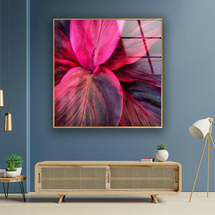 Pink Botanical Leaves Glass Wall Art, custom glass pictures, glass art prints