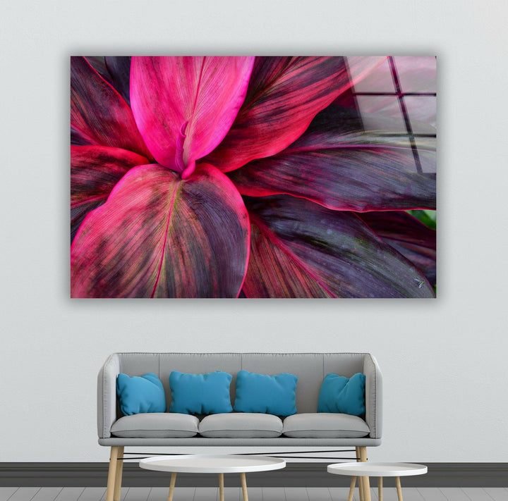 Pink Botanical Leaves Glass Wall Art, photo print on glass, prints on glass wall art