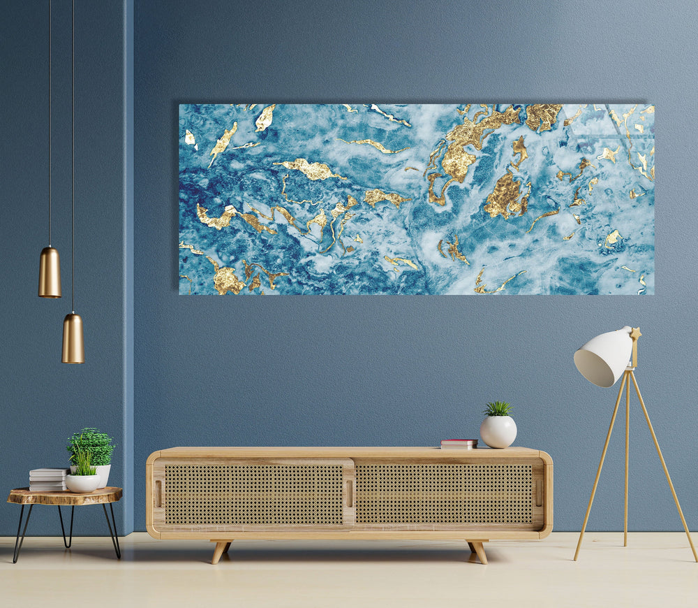 Light Blue & Gold Glitter Marble Abstract Glass Wall Art, print on glass, glass printed photos