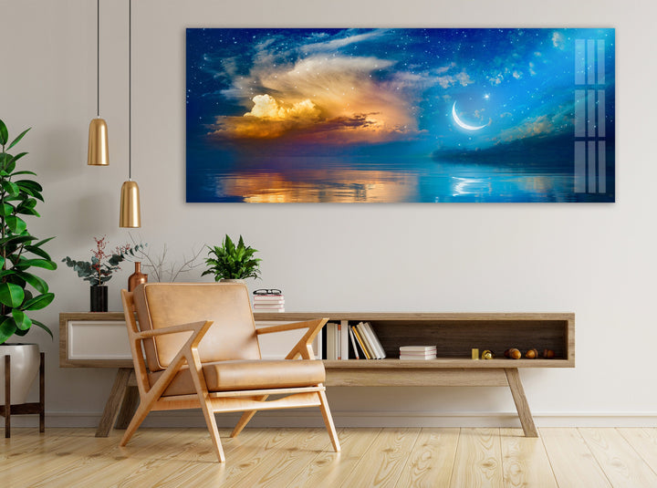 Starry Moon Sky Night Seascape Glass Wall Art, custom glass pictures, glass art prints