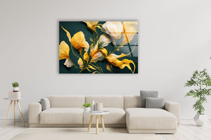 Golden Buds And Green Leaves Glass Wall Art, large glass photo prints, glass wall photos