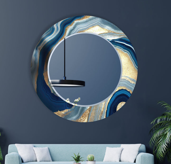 Dark Blue Golden Round Wall Mirror Modern Mirror
