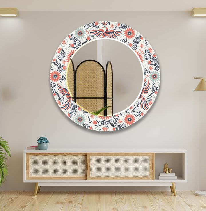 White & Orange Flowers Round Wall Mirror big mirror for living room
