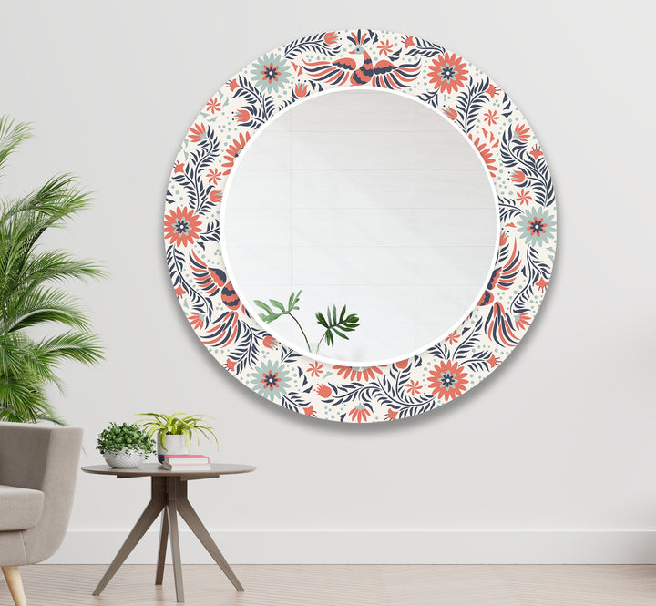 White & Orange Flowers Round Wall Mirror Large Wall Mirror
