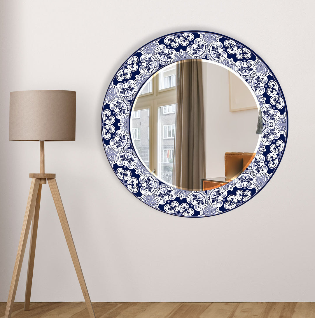 Mandala Navy Blue Round Wall Mirror Abstract Mirror
