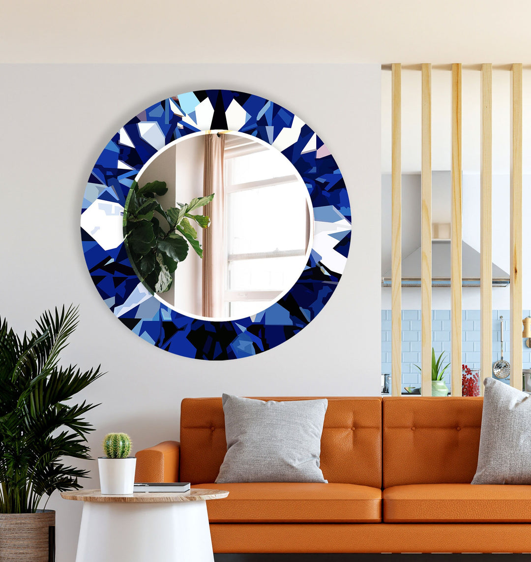 Geometric Navy Blue Round Wall Mirror Mosaic Mirror 
