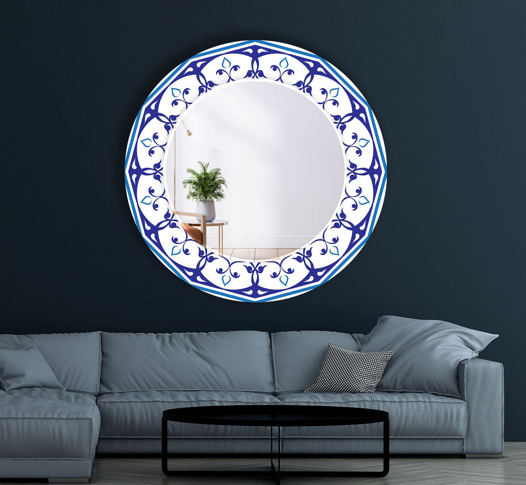 Mandala White & Blue Round Wall Mirror Mosaic Mirror 
