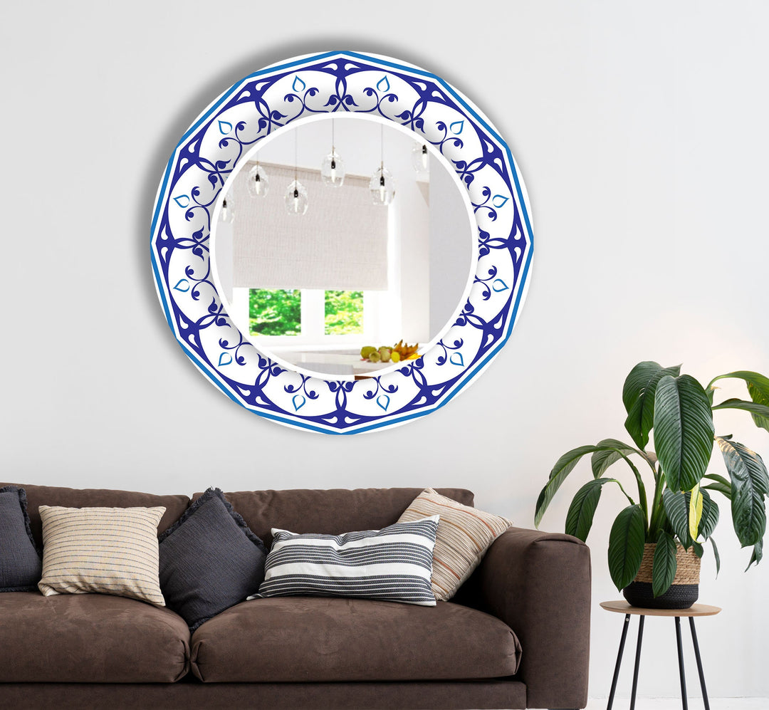 Mandala White & Blue Round Wall Mirror Stained Glass Mirror
