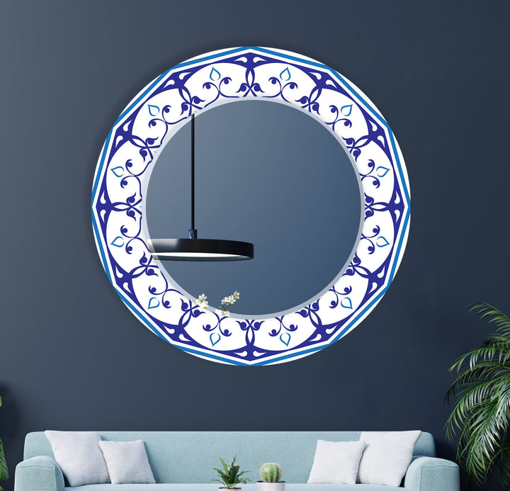 Mandala White & Blue Round Wall Mirror Huge Mirror
