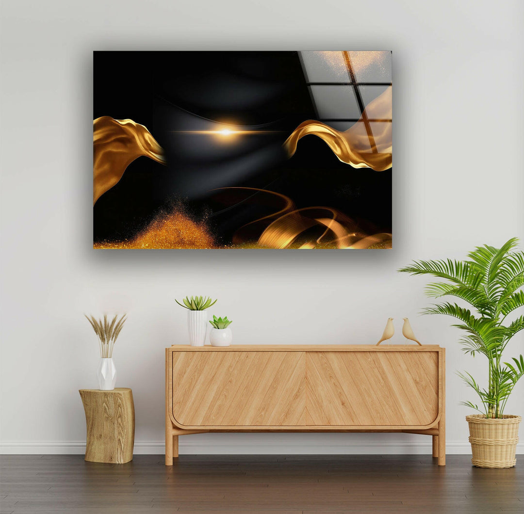 Gold Waves on Black Abstract Glass Wall Art, Glass Art, Glass Prints