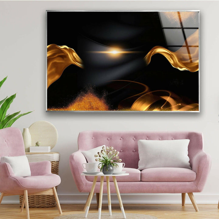 Gold Waves on Black Abstract Glass Wall Art, photo print on glass, prints on glass wall art