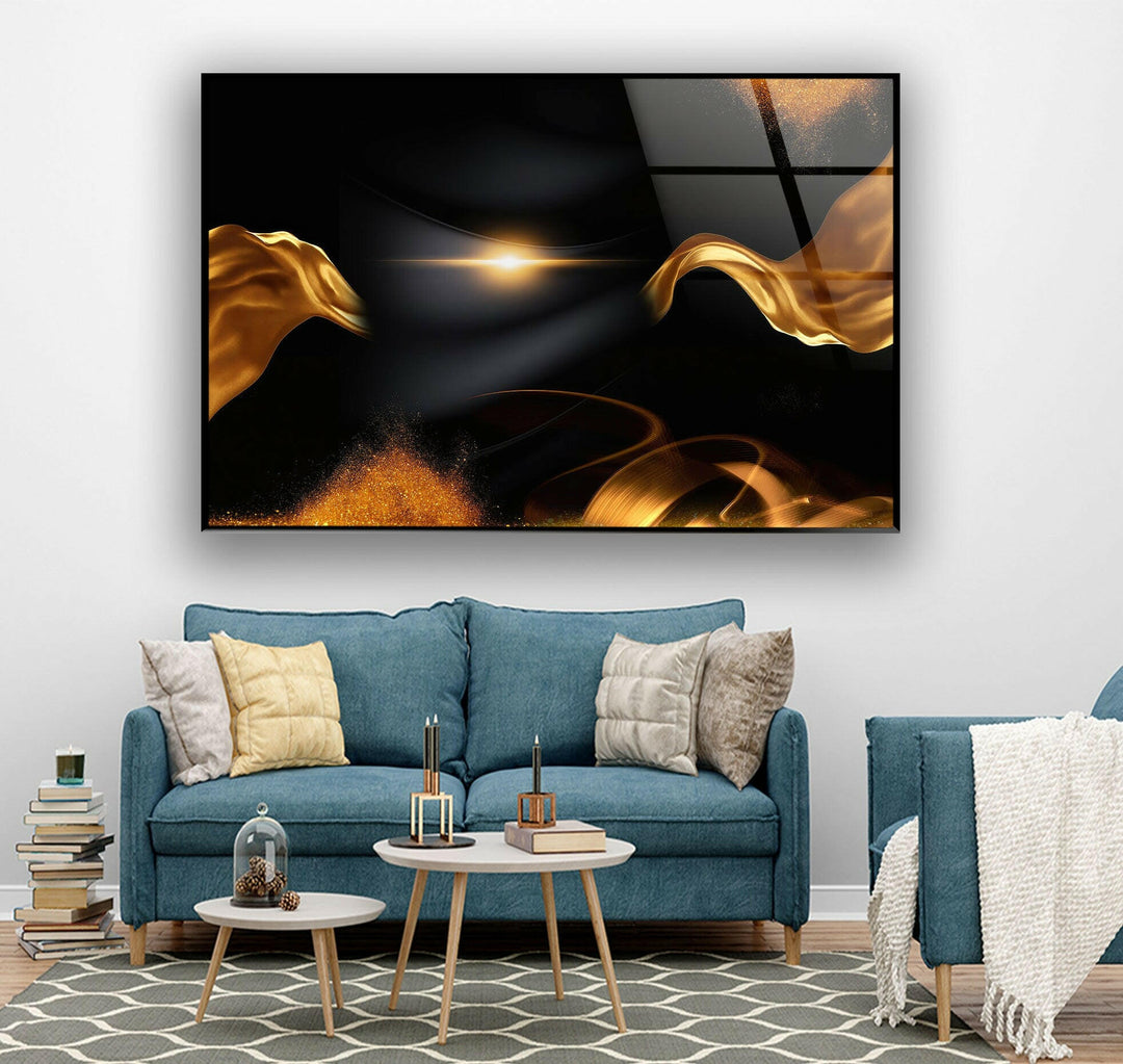 Gold Waves on Black Abstract Glass Wall Art, glass pictures for Wall, glass prints wall art