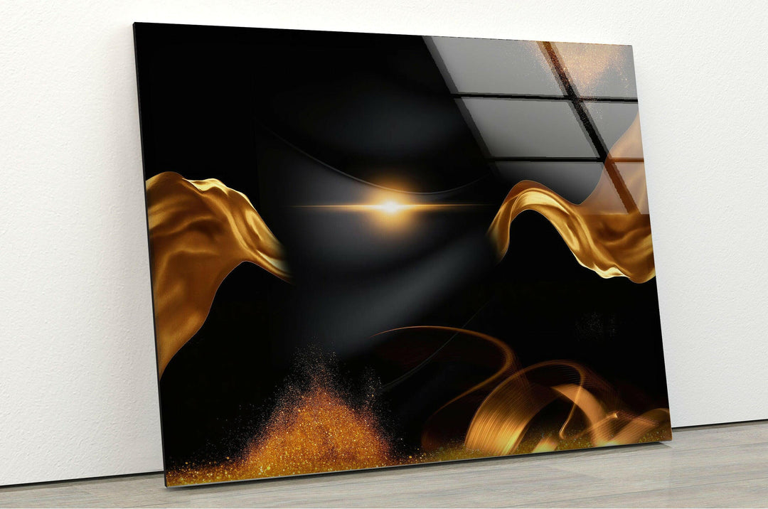 Gold Waves on Black Abstract Glass Wall Art, picture on glass wall art, photos printed on glass