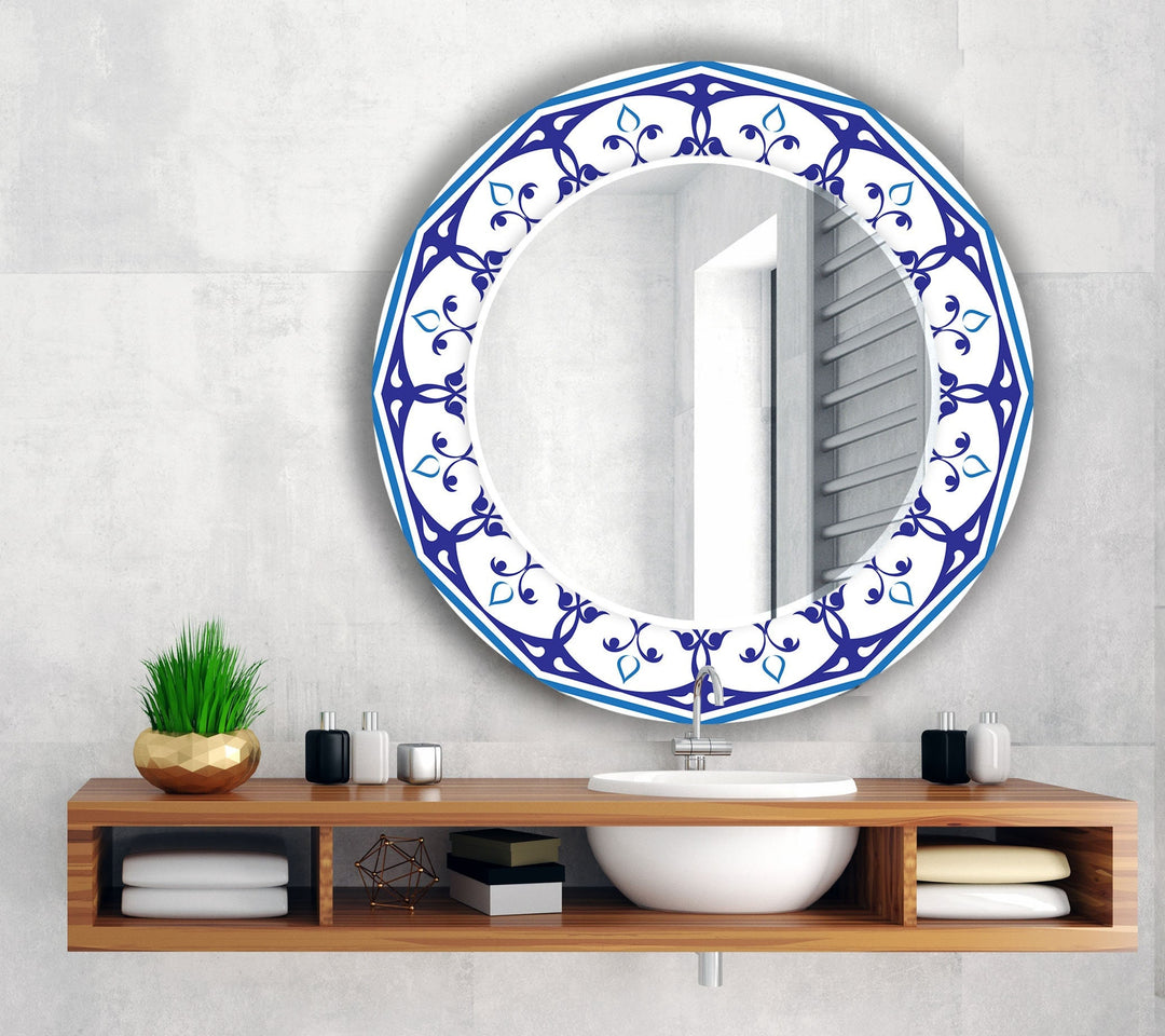 Mandala White & Blue Round Wall Mirror Blue Mirror
