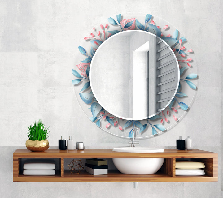 Transparent Blue Flowers Round Wall Mirror big mirror
