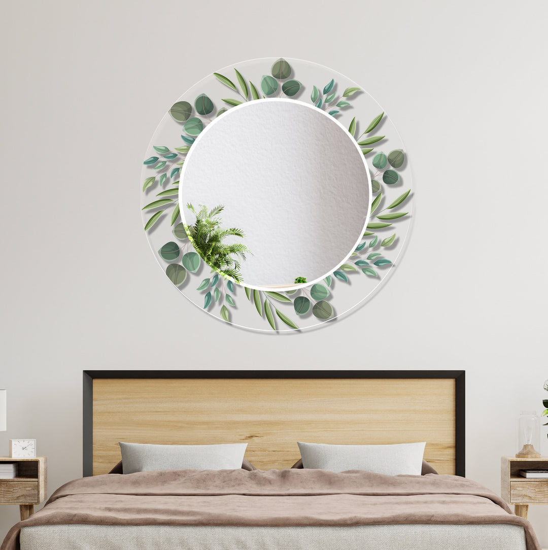 Transparent Green Leaves Round Wall Mirror Marble Wall Mirror
