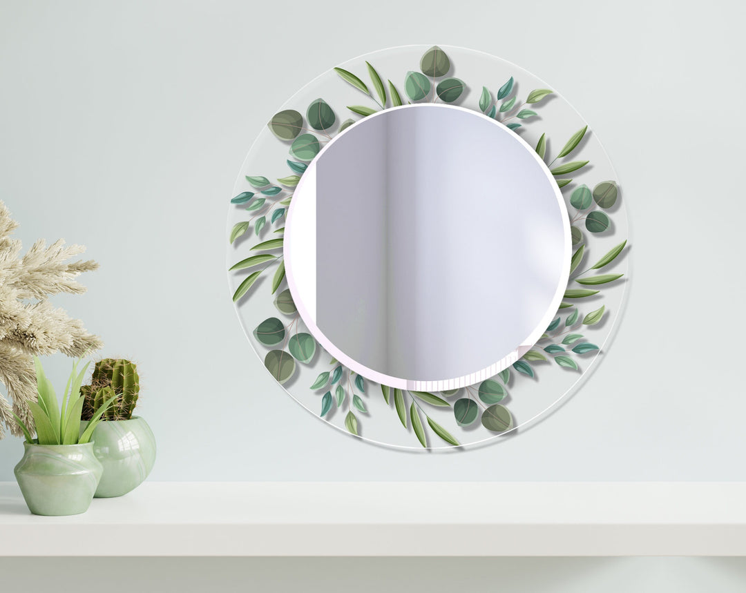 Transparent Green Leaves Round Wall Mirror Stained Glass Wall Mirror
