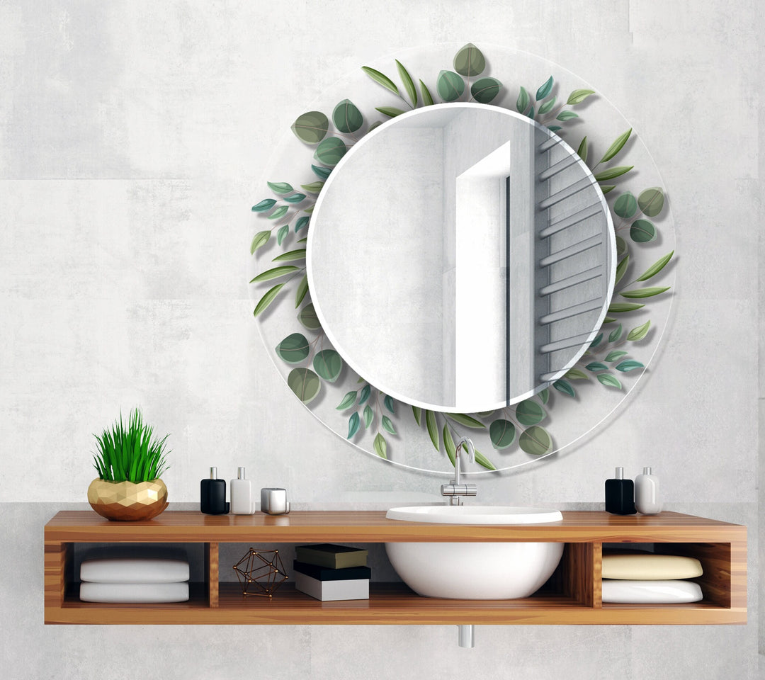 Transparent Green Leaves Round Wall Mirror mirrors in black
