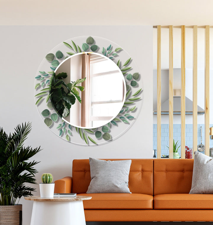 Transparent Green Leaves Round Wall Mirror mirror black
