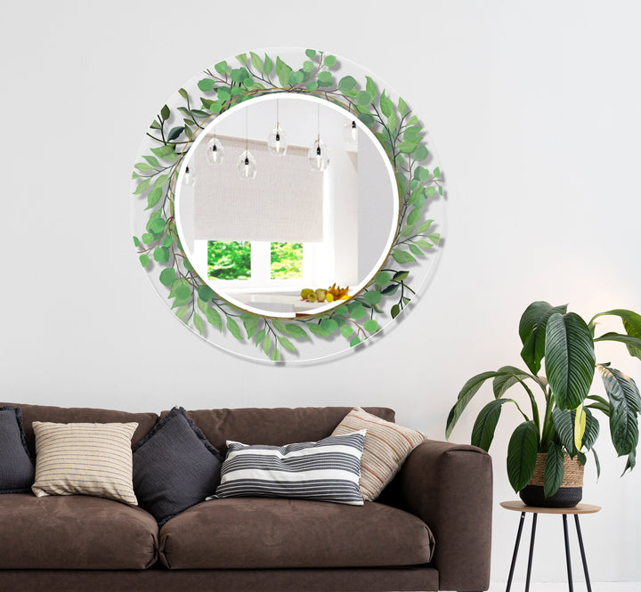 Transparent Green Leafs Round Wall Mirror gold frame mirror
