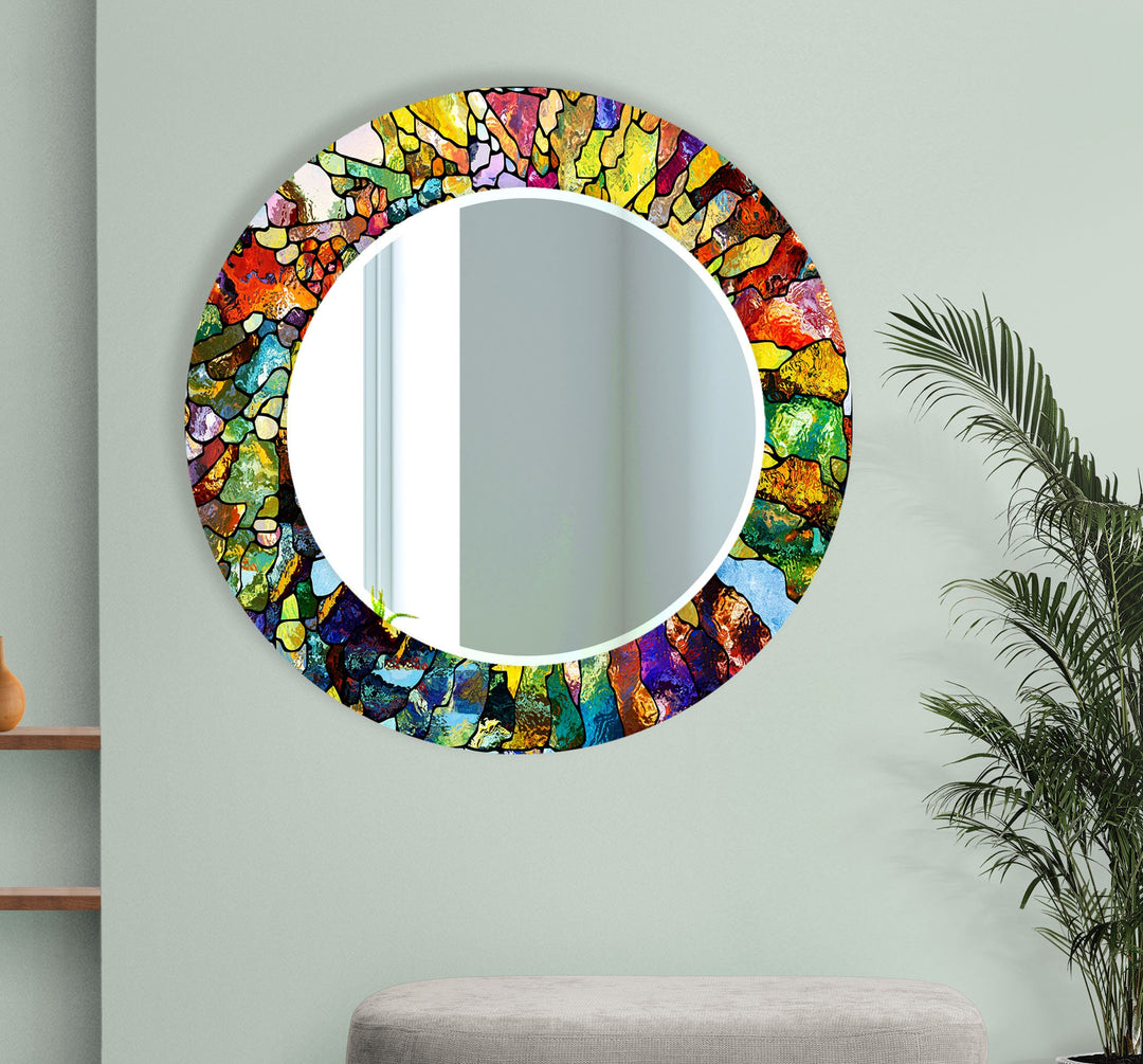 Stained Yellow & Green Round Wall Mirror Bedroom Wall Mirror
