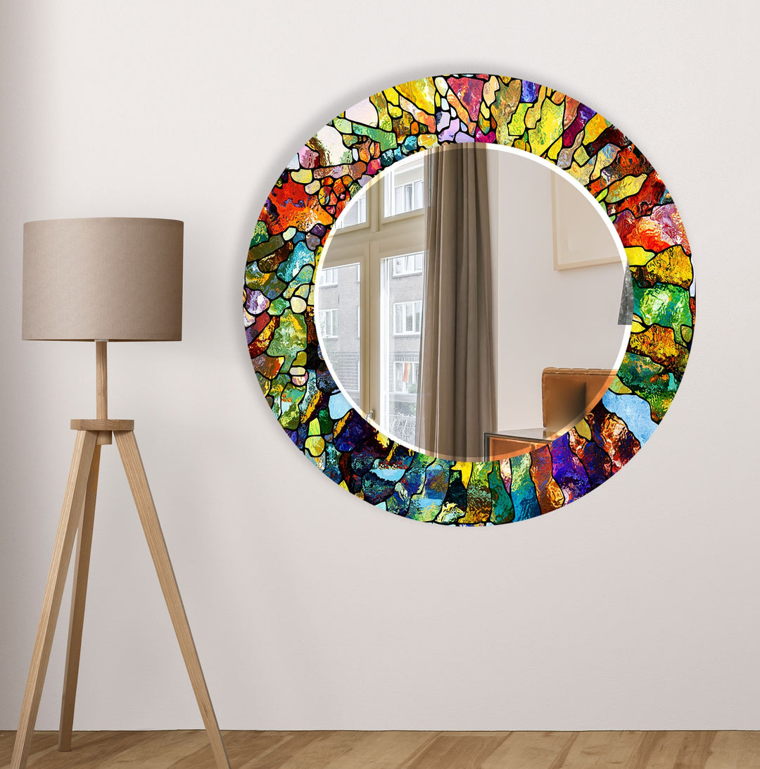 Stained Yellow & Green Round Wall Mirror Mosaic Mirror 
