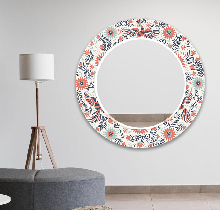 White & Orange Flowers Round Wall Mirror Bathroom Mirror
