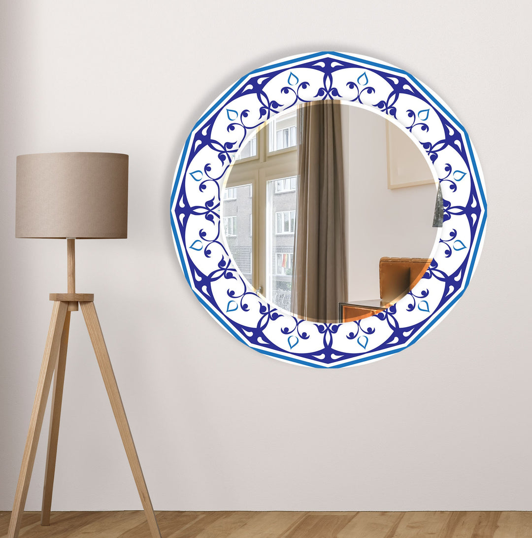 Mandala White & Blue Round Wall Mirror Abstract Mirror
