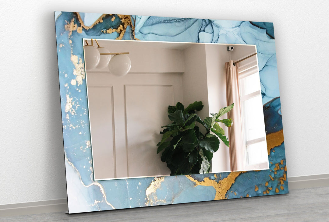 Light Blue Golden Detail Wall Mirror Long Wall Mirror
