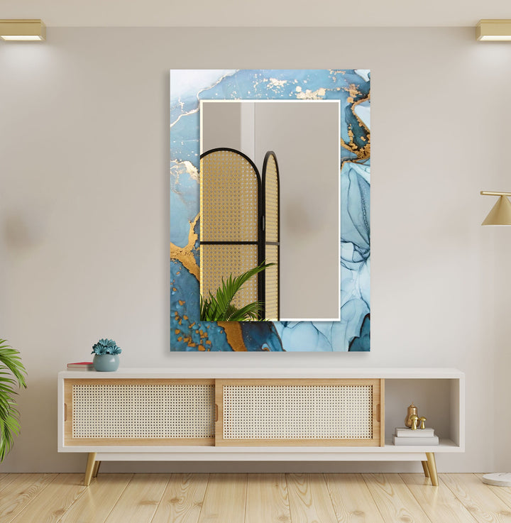 Light Blue Golden Detail Wall Mirror Living Room Mirror
