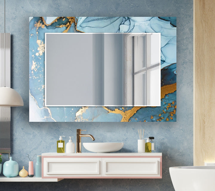 Light Blue Golden Detail Wall Mirror Rectangle Mirror
