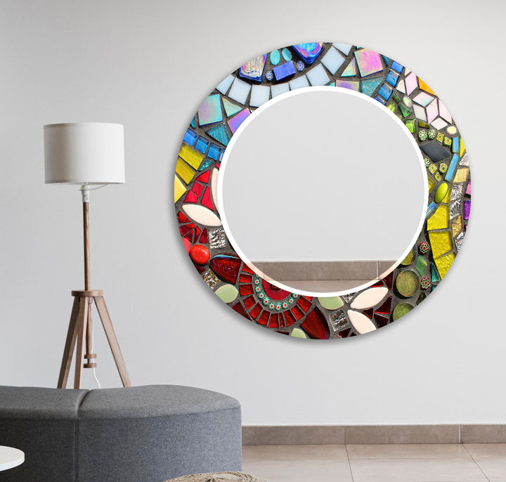 Stained Red & Blue Wall Mirror Round Mirror
