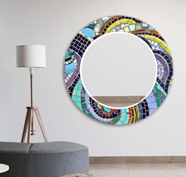 Mosaic Blue Design Wall Mirrors Round Mirror
