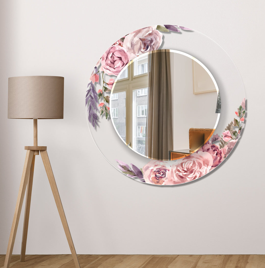 Transparent Pink Rose Round Wall Mirror Entryway Mirror
