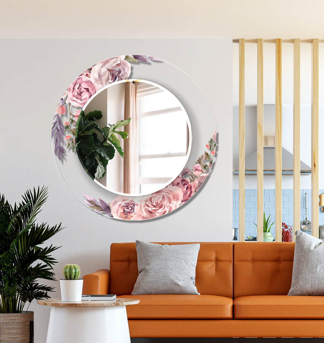 Transparent Pink Rose Round Wall Mirror Decorative Mirror
