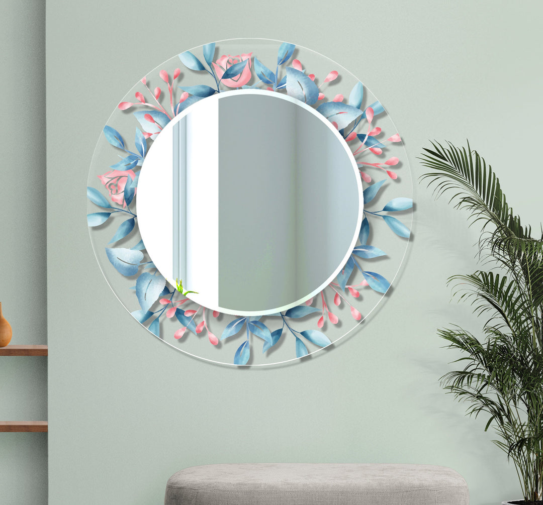 Transparent Blue Flowers Round Wall Mirror large floor mirror
