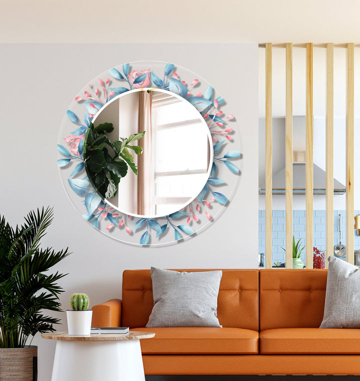 Transparent Blue Flowers Round Wall Mirror modern mirror
