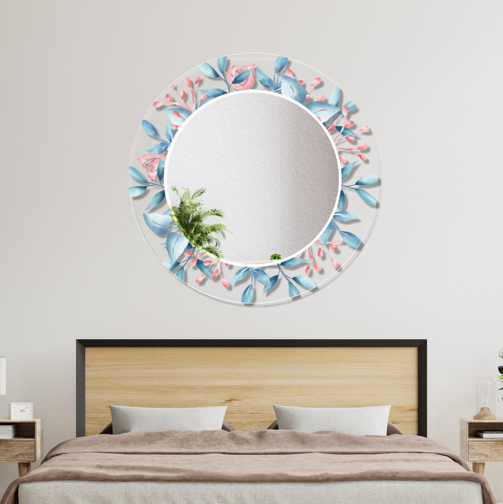 Transparent Blue Flowers Round Wall Mirror biggest wall mirror
