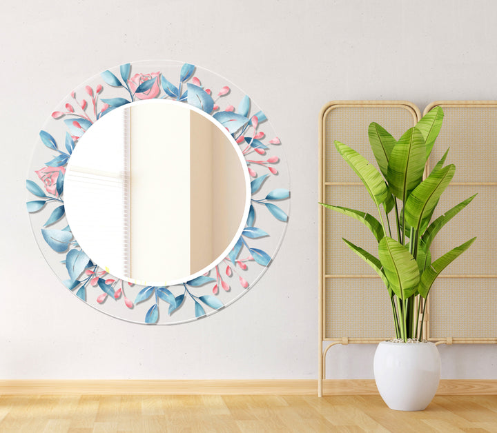 Transparent Blue Flowers Round Wall Mirror huge mirror
