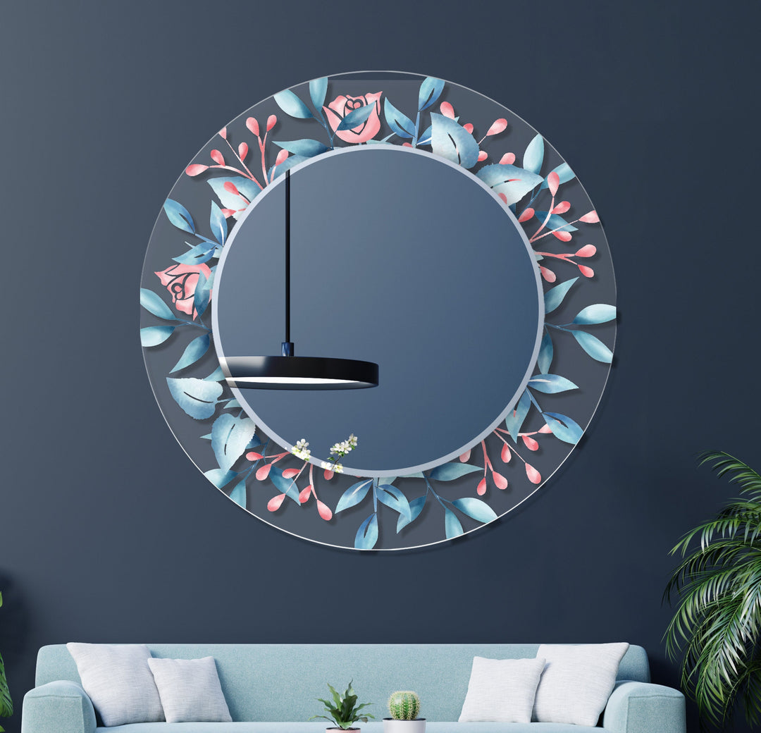 Transparent Blue Flowers Round Wall Mirror large living room mirror
