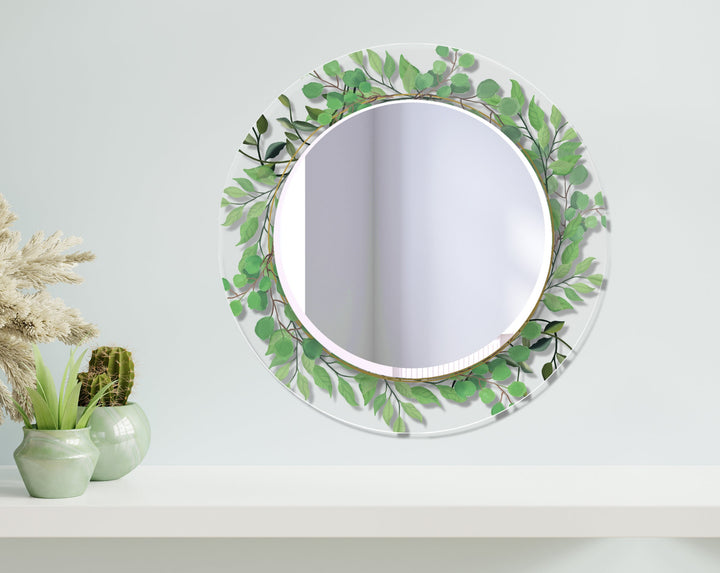 Transparent Green Leafs Round Wall Mirror white mirror
