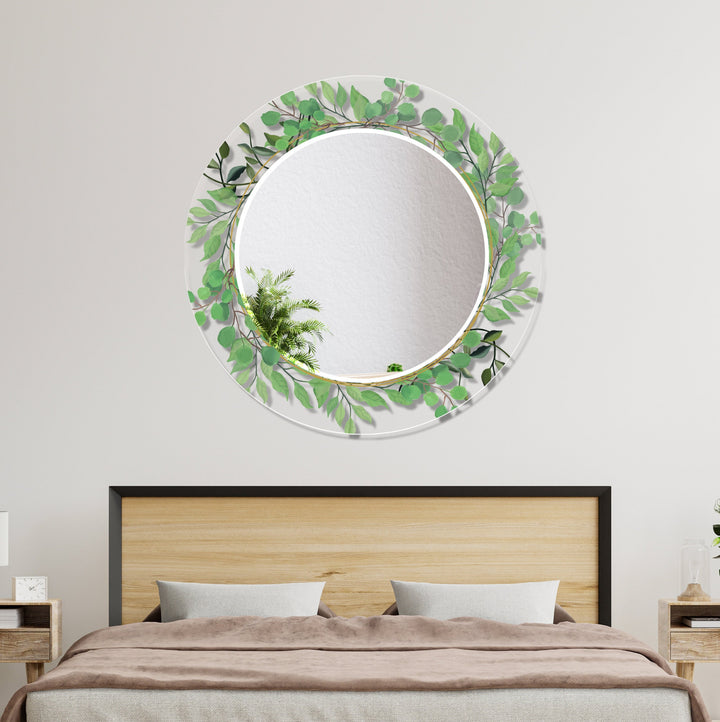 Transparent Green Leafs Round Wall Mirror white framed mirror
